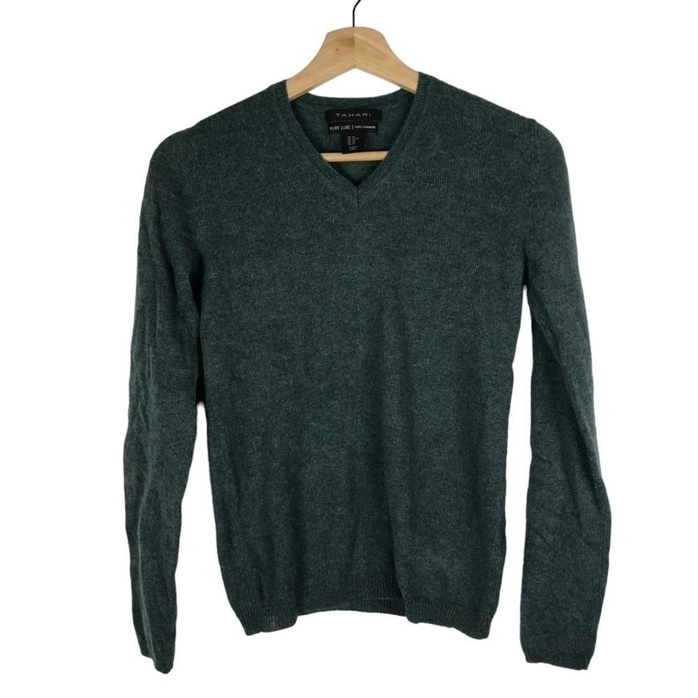 Tahari Pure Luxe Cashmere V-Neck‎ Green Pullover Sweater XS